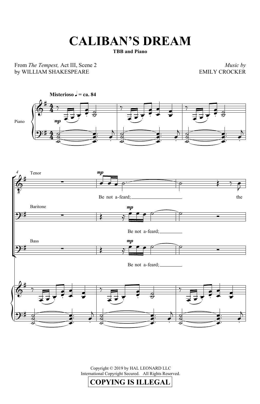 Learn to play Emily Crocker Caliban's Dream sheet music for TBB Choir in minutes. Price: 3.9900$ Emily Crocker Caliban's Dream sheet music notes and chords arranged for TBB Choir