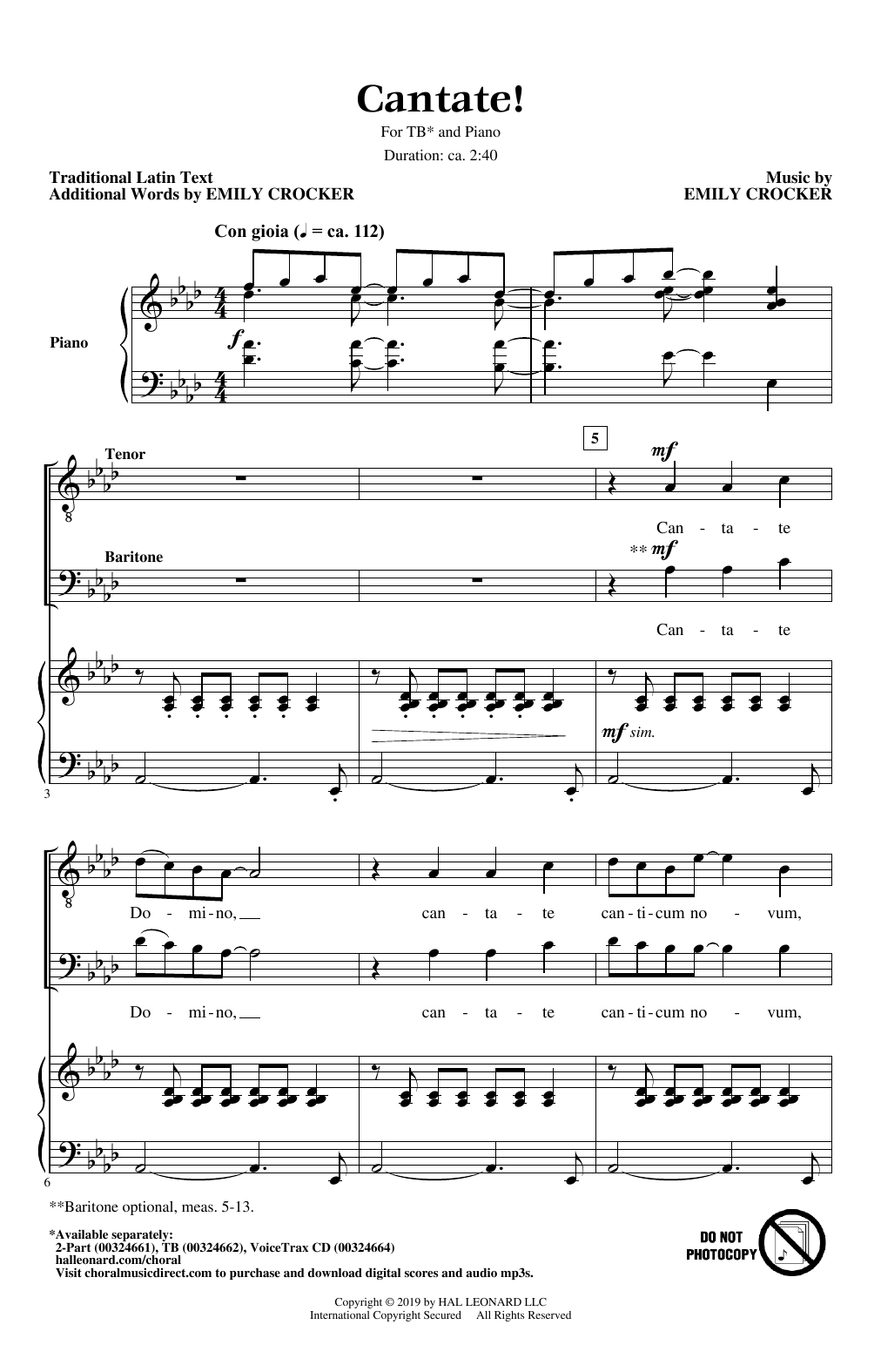 Emily Crocker Cantate! sheet music notes and chords. Download Printable PDF.