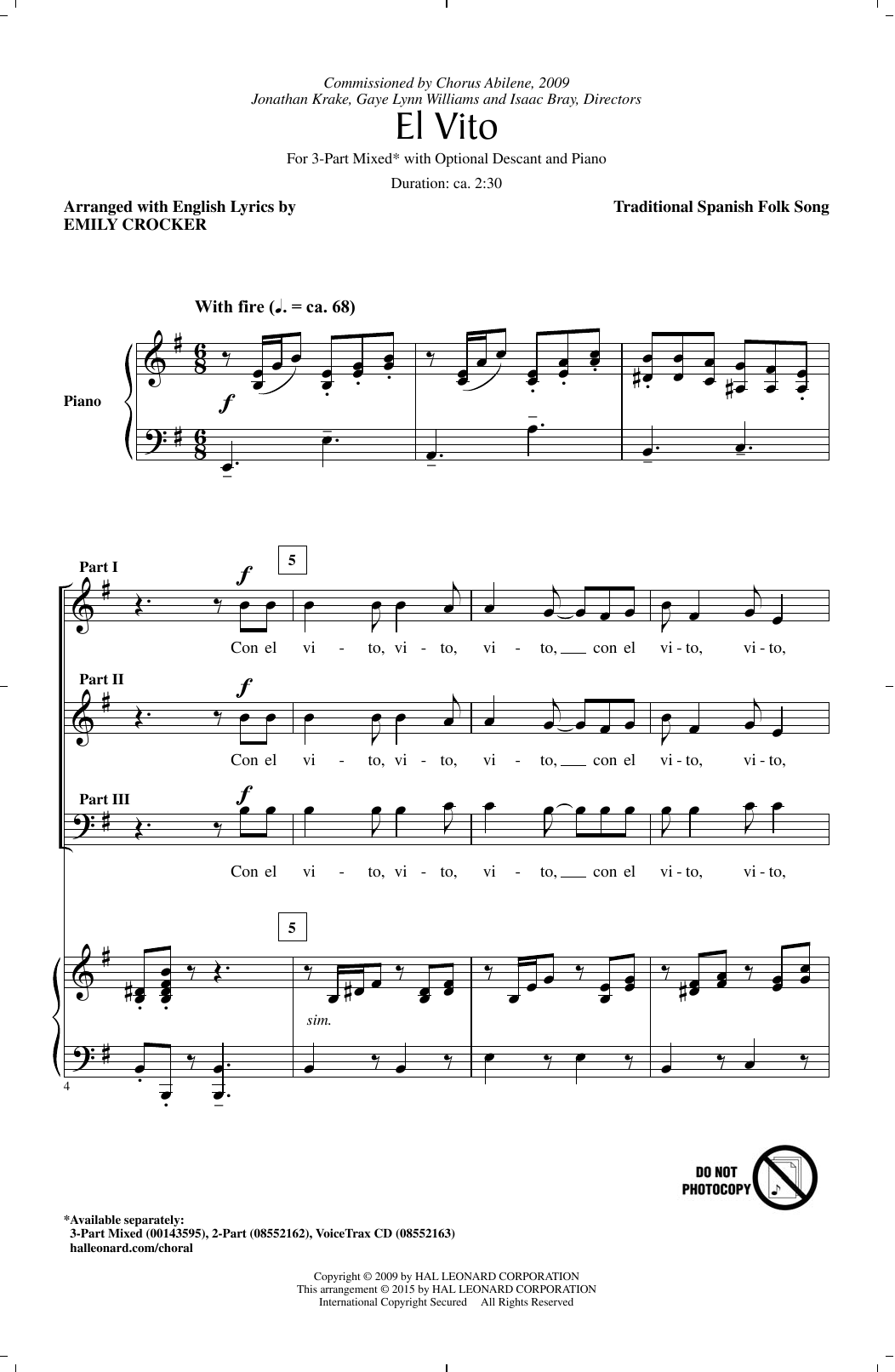 Traditional Spanish Folksong El Vito (arr. Emily Crocker) sheet music notes and chords arranged for 3-Part Mixed Choir