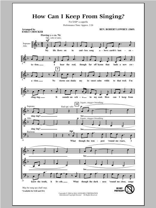 Robert Lowry How Can I Keep From Singing (arr. Emily Crocker) sheet music notes and chords. Download Printable PDF.