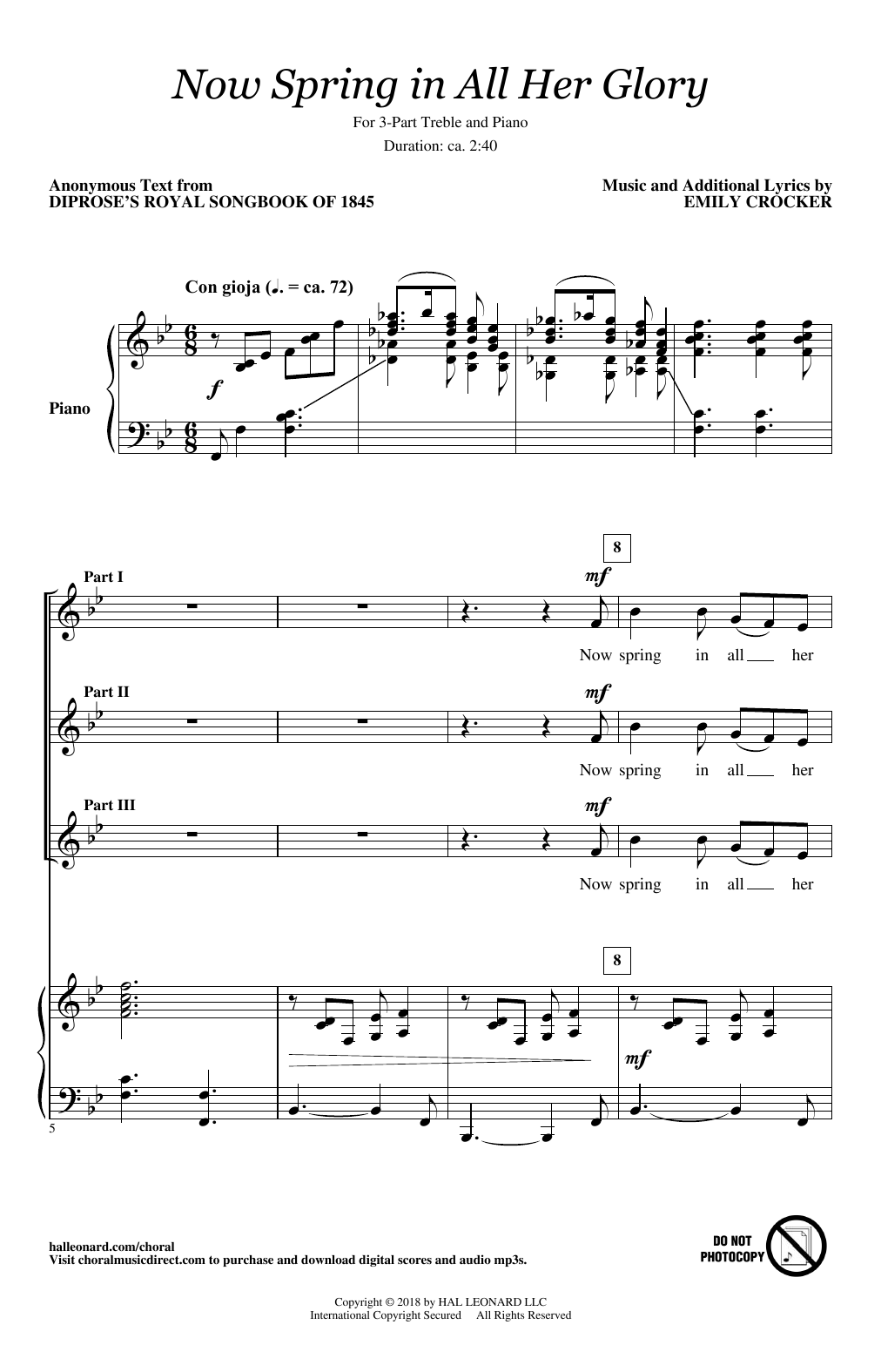 Learn to play Emily Crocker Now Spring In All Her Glory sheet music for 3-Part Treble Choir in minutes. Price: 3.9900$ Emily Crocker Now Spring In All Her Glory sheet music notes and chords arranged for 3-Part Treble Choir