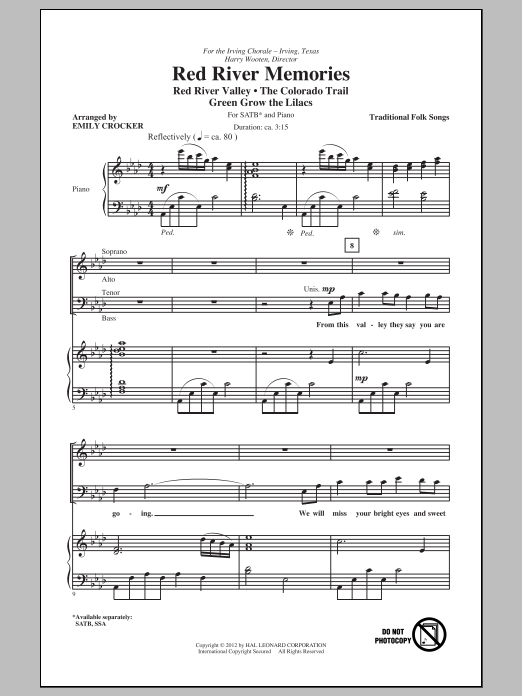Learn to play Emily Crocker Red River Memories (Medley) sheet music for SATB Choir in minutes. Price: 3.9900$ Emily Crocker Red River Memories (Medley) sheet music notes and chords arranged for SATB Choir