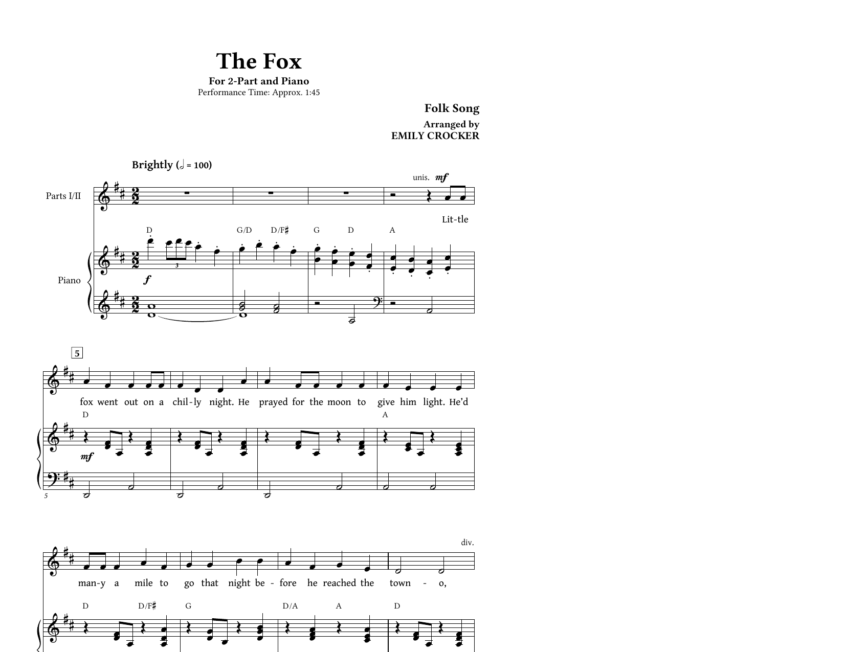 Emily Crocker The Fox (Folk Song) sheet music notes and chords. Download Printable PDF.