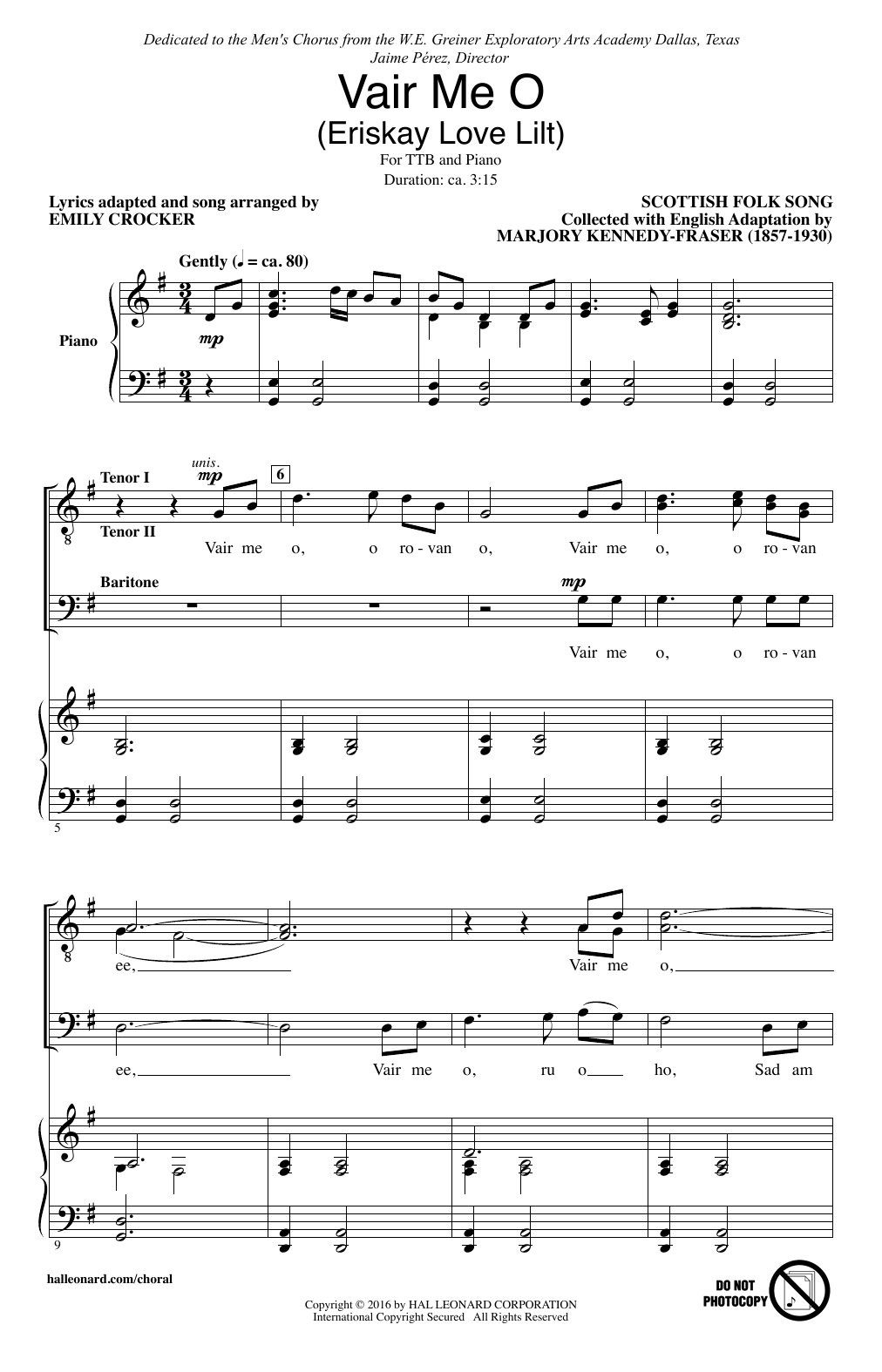 Learn to play Scottish Folksong Vair Me O (Eriskay Love Lilt) (arr. Emily Crocker) sheet music for TTBB Choir in minutes. Price: 3.9900$ Scottish Folksong Vair Me O (Eriskay Love Lilt) (arr. Emily Crocker) sheet music notes and chords arranged for TTBB Choir