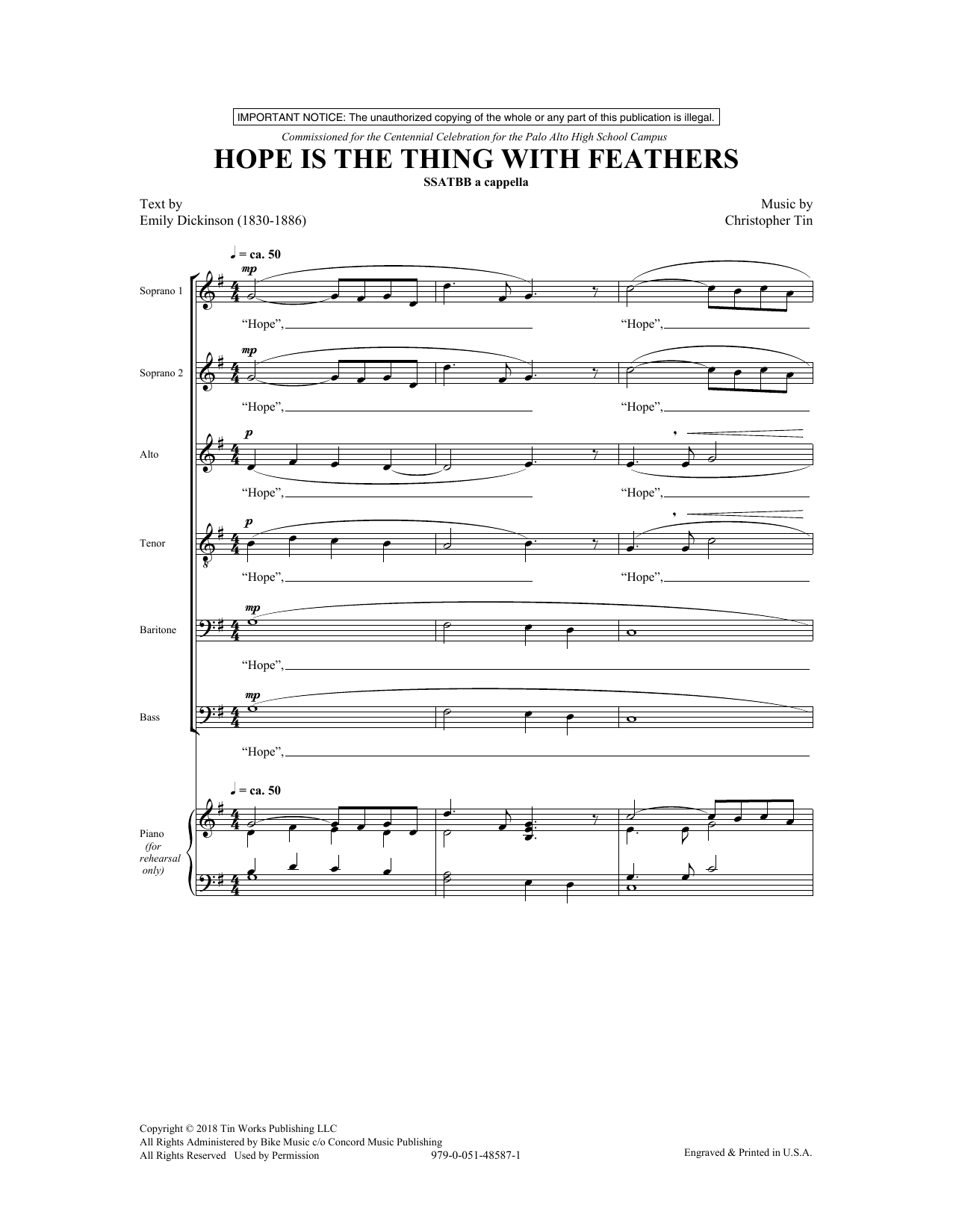 Emily Dickinson and Christopher Tin Hope Is The Thing With Feathers sheet music notes and chords. Download Printable PDF.