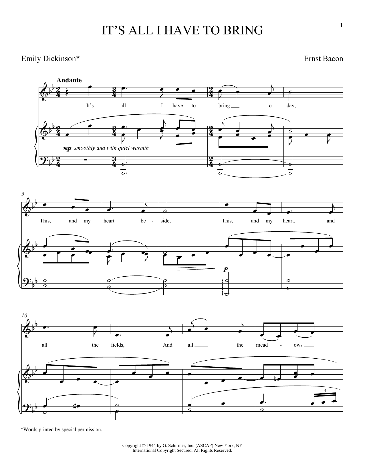 Emily Dickinson It's All I Have To Bring (Bacon) sheet music notes and chords. Download Printable PDF.