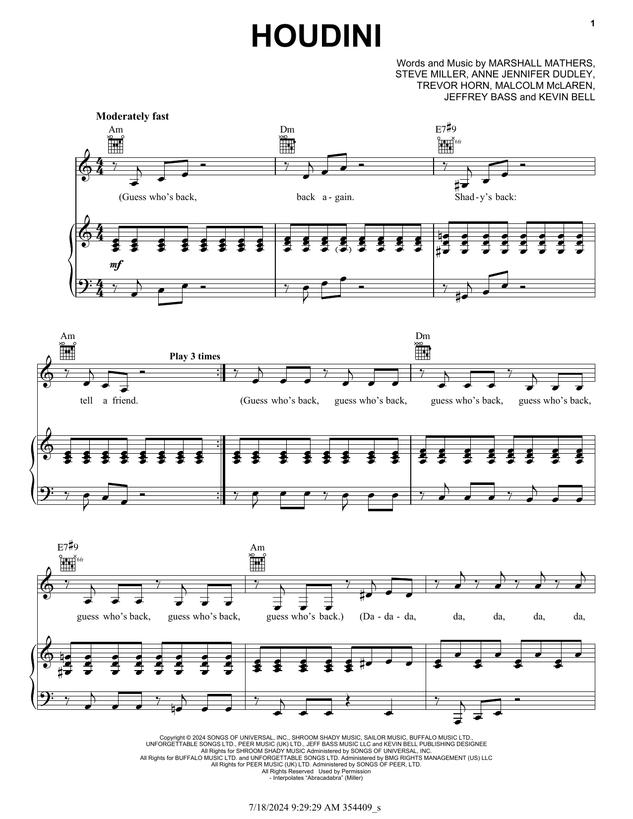 Eminem Houdini sheet music notes and chords. Download Printable PDF.