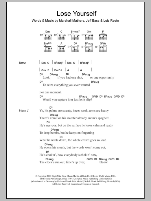 Eminem Lose Yourself sheet music notes and chords. Download Printable PDF.