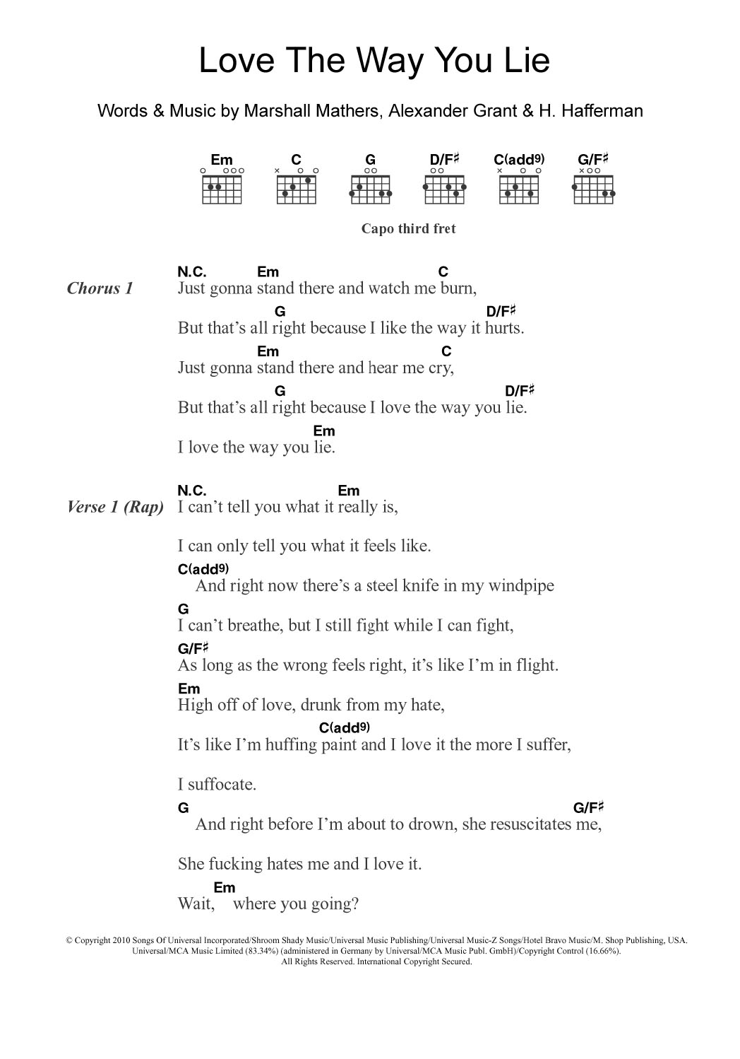 Eminem Love The Way You Lie (featuring Rihanna) sheet music notes and chords. Download Printable PDF.