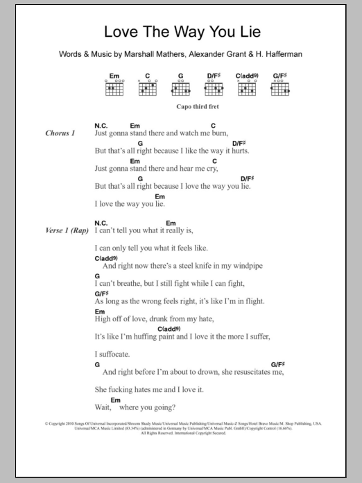 Eminem Love The Way You Lie (feat. Rihanna) sheet music notes and chords. Download Printable PDF.