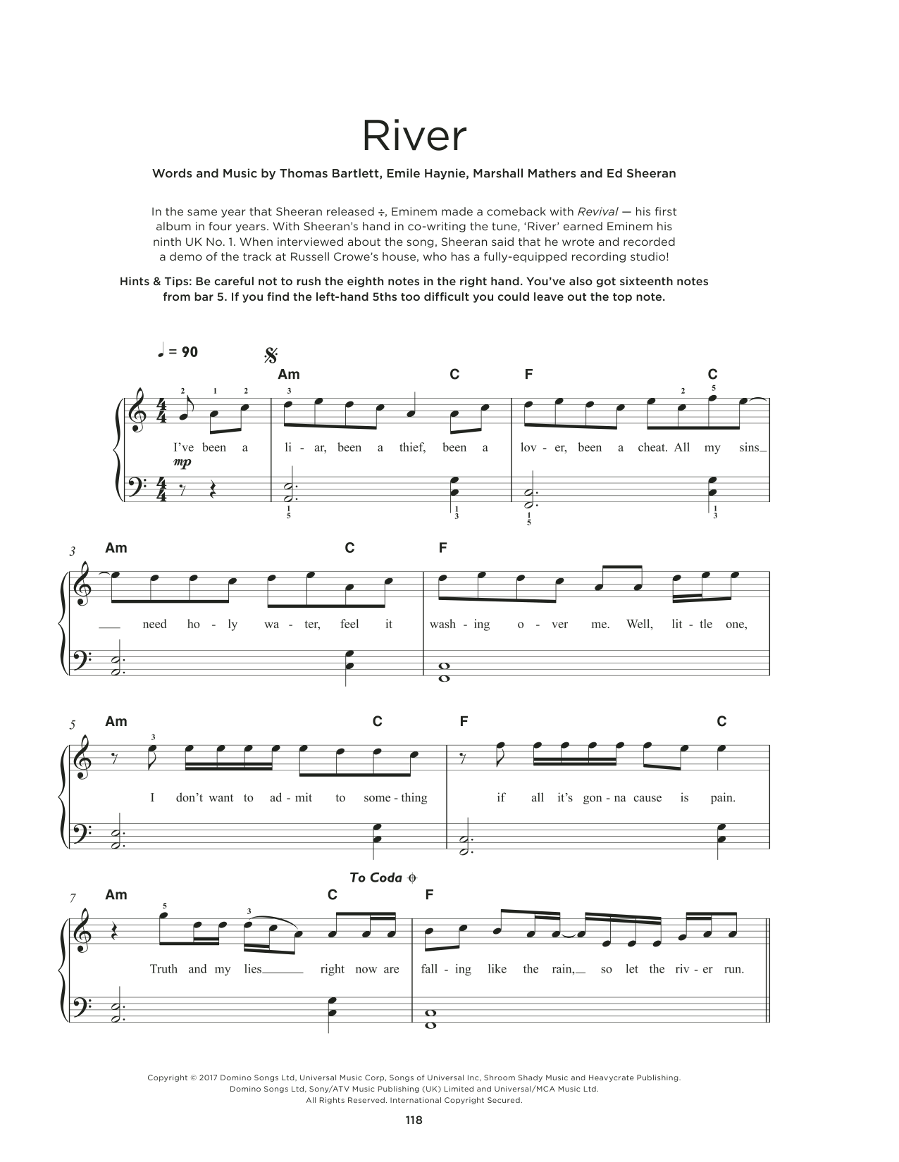 Eminem River (feat. Ed Sheeran) sheet music notes and chords arranged for Really Easy Piano