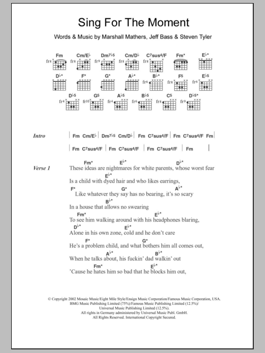 Eminem Sing For The Moment sheet music notes and chords arranged for Guitar Chords/Lyrics