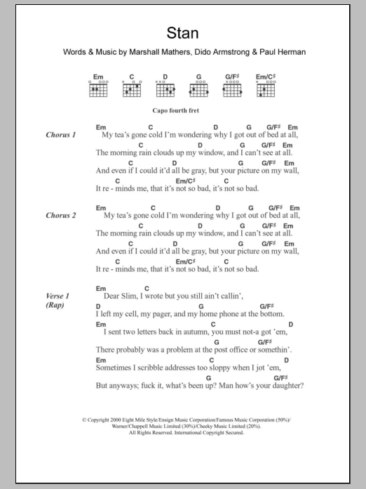 Eminem Stan sheet music notes and chords arranged for Guitar Chords/Lyrics