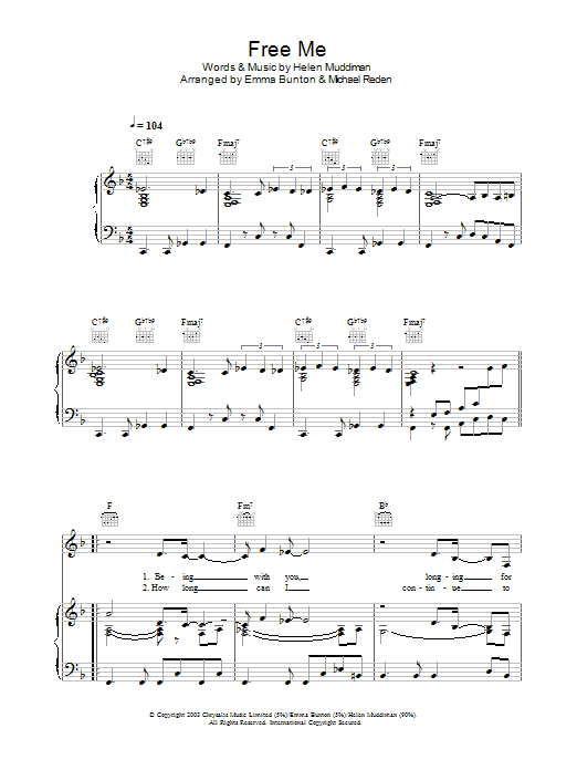 Emma Bunton Free Me sheet music notes and chords arranged for Piano, Vocal & Guitar Chords