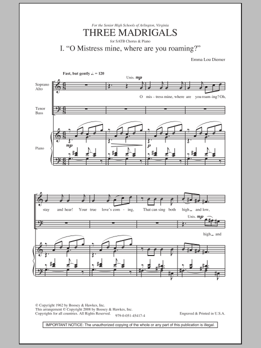 Learn to play Emma Lou Diemer Three Madrigals sheet music for SATB Choir in minutes. Price: 3.9900$ Emma Lou Diemer Three Madrigals sheet music notes and chords arranged for SATB Choir