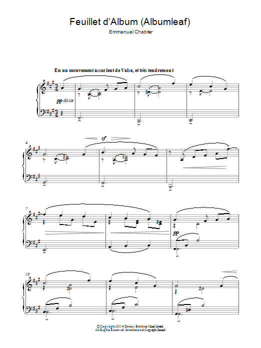Learn to play Emmanuel Chabrier Feuillet D'album sheet music for Piano Solo in minutes. Price: 7.8900$ Emmanuel Chabrier Feuillet D'album sheet music notes and chords arranged for Piano Solo