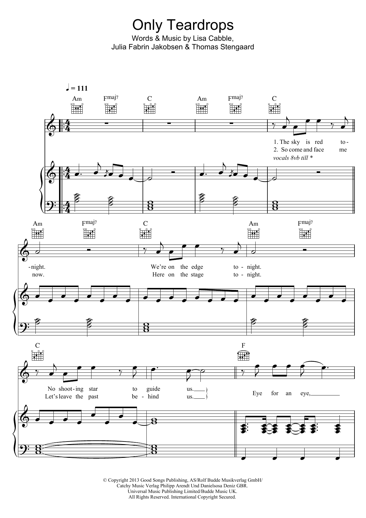 Learn to play Emmelie de Forest Only Teardrops sheet music for Piano, Vocal & Guitar Chords in minutes. Price: 7.8900$ Emmelie de Forest Only Teardrops sheet music notes and chords arranged for Piano, Vocal & Guitar Chords