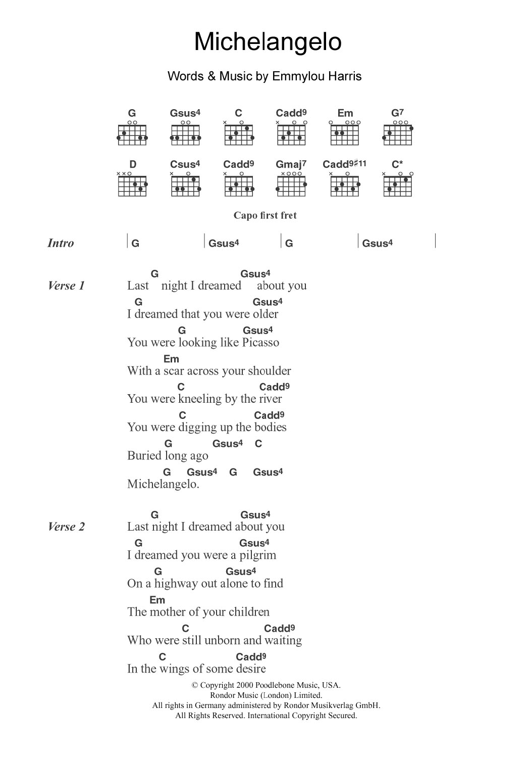 Emmylou Harris Michelangelo sheet music notes and chords. Download Printable PDF.