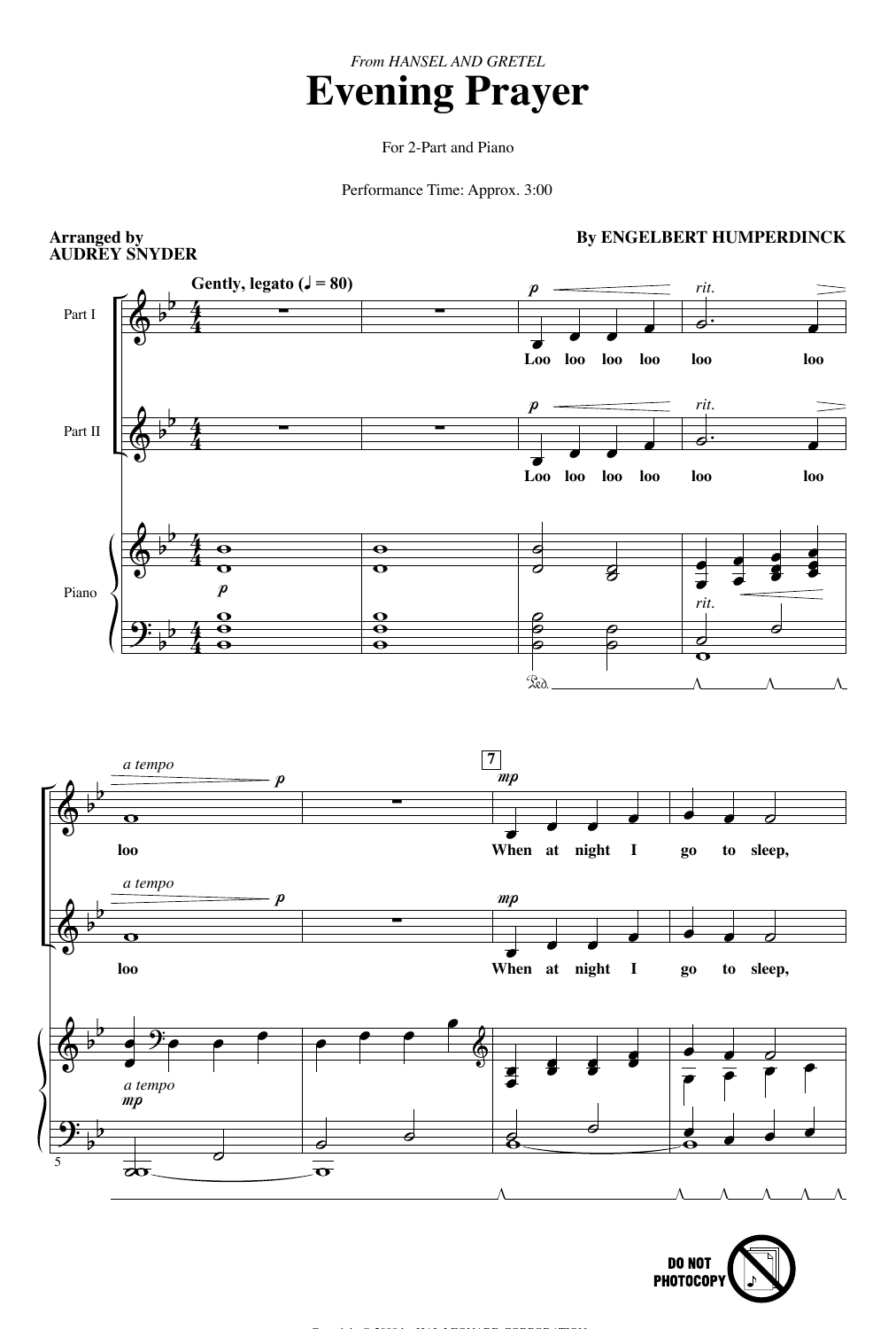 Learn to play Engelbert Humperdinck Evening Prayer (from Hansel And Gretel) (arr. Audrey Snyder) sheet music for 2-Part Choir in minutes. Price: 3.9900$ Engelbert Humperdinck Evening Prayer (from Hansel And Gretel) (arr. Audrey Snyder) sheet music notes and chords arranged for 2-Part Choir