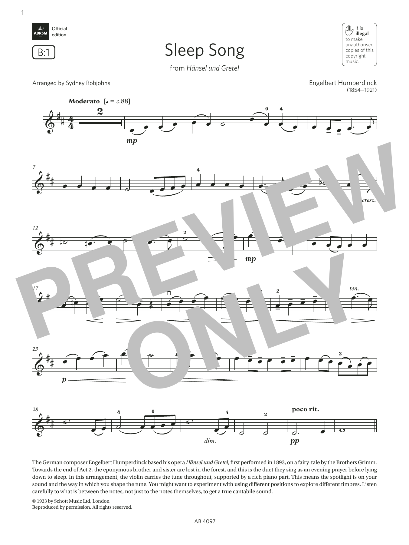 Engelbert Humperdinck Sleep Song (Grade 3, B1, from the ABRSM Violin Syllabus from 2024) sheet music notes and chords. Download Printable PDF.