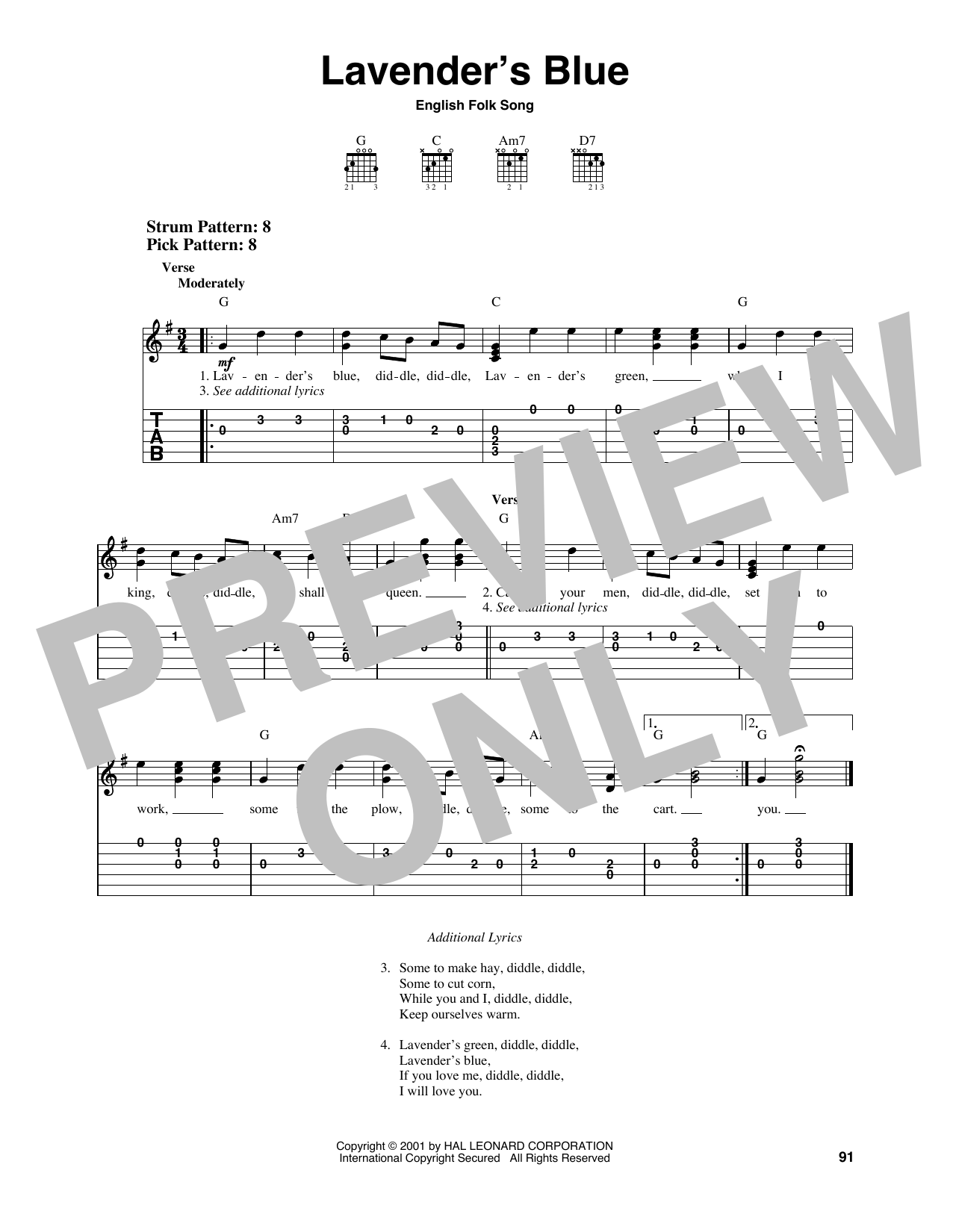 English Folk Song Lavender's Blue sheet music notes and chords. Download Printable PDF.