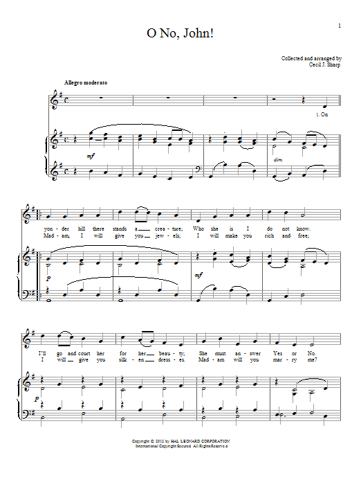 Traditional English Folksong O No, John! sheet music notes and chords arranged for Piano & Vocal