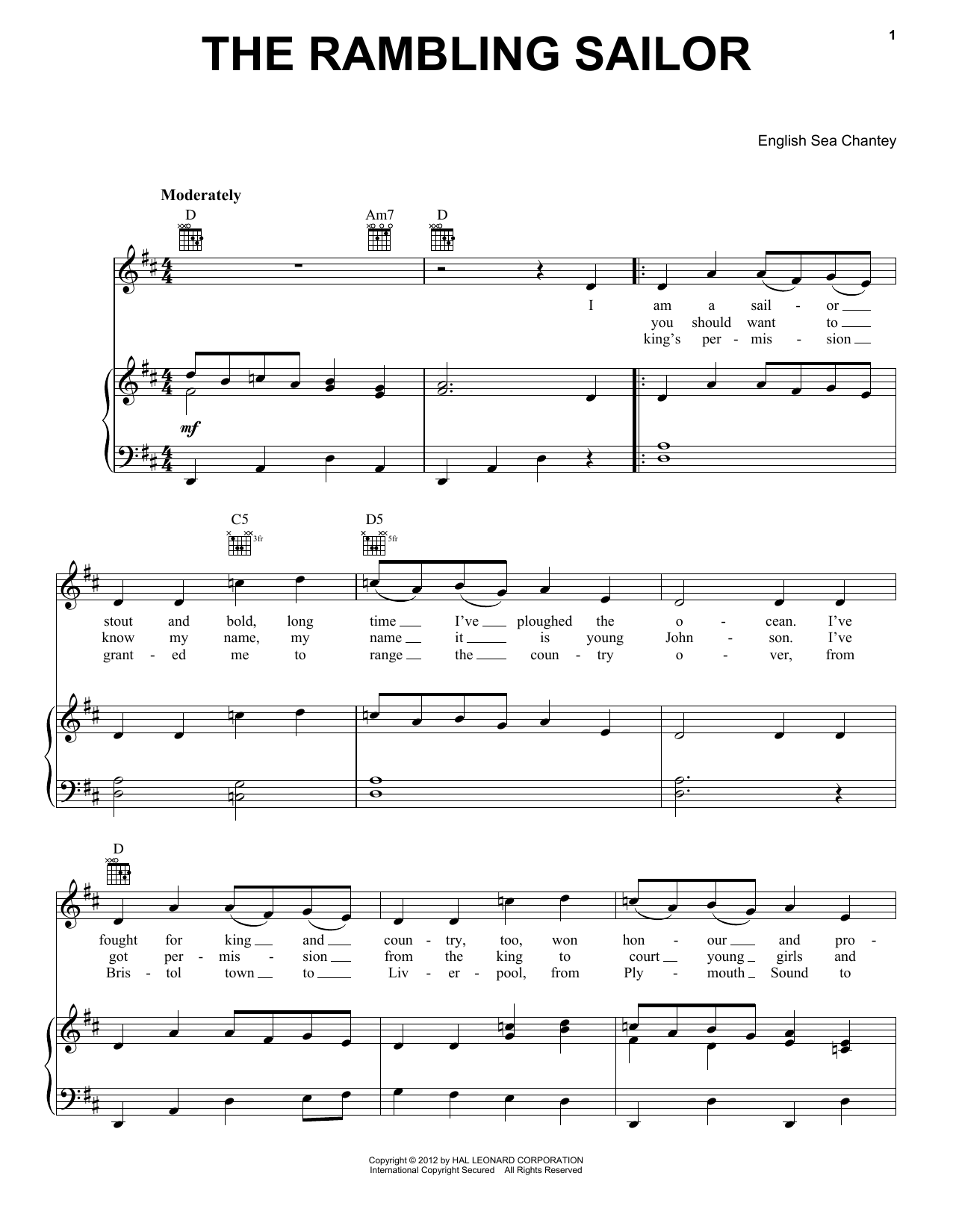 English Sea Chantey The Rambling Sailor sheet music notes and chords arranged for Piano, Vocal & Guitar Chords (Right-Hand Melody)