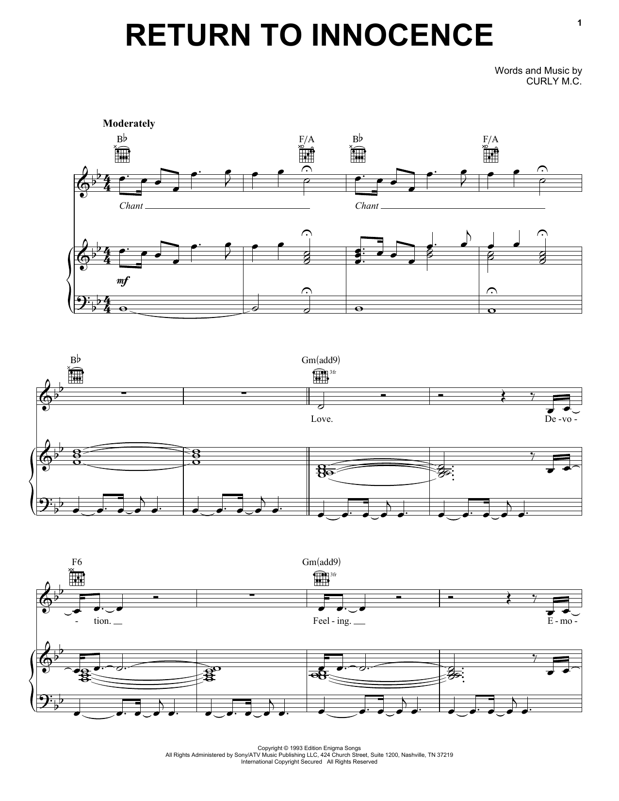 Learn to play Enigma Return To Innocence sheet music for Piano, Vocal & Guitar Chords (Right-Hand Melody) in minutes. Price: 7.8900$ Enigma Return To Innocence sheet music notes and chords arranged for Piano, Vocal & Guitar Chords (Right-Hand Melody)