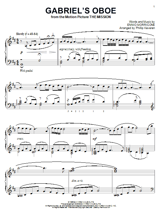 Ennio Morricone Gabriel's Oboe (from The Mission) (arr. Phillip Keveren) sheet music notes and chords. Download Printable PDF.