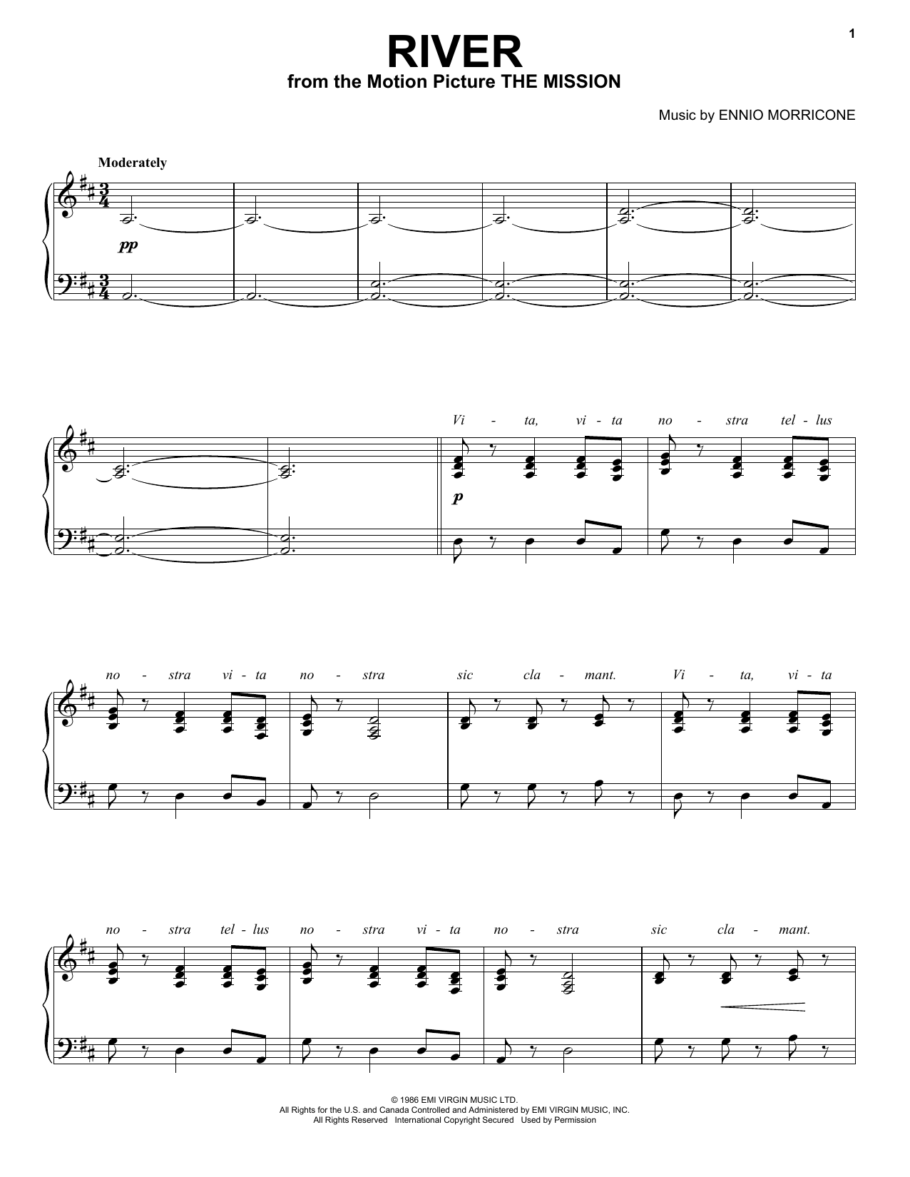 Ennio Morricone River sheet music notes and chords arranged for Piano, Vocal & Guitar Chords (Right-Hand Melody)