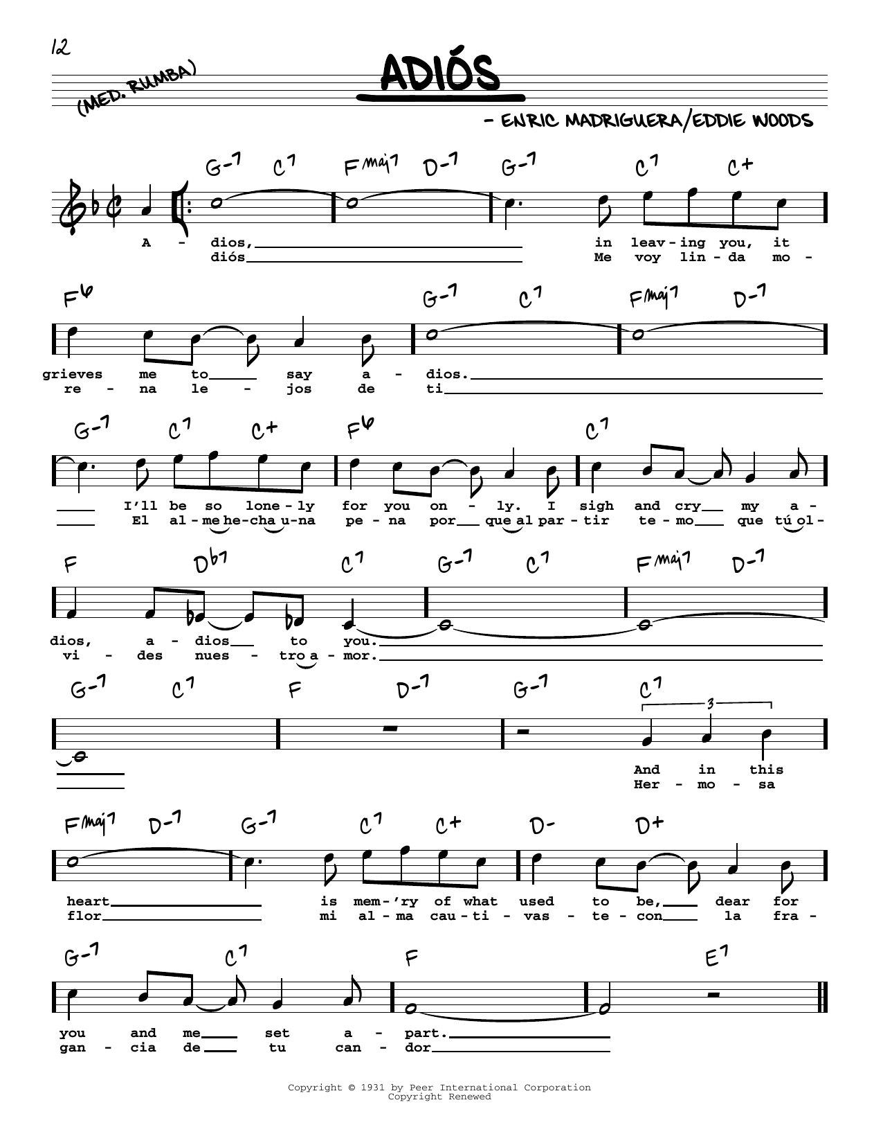 Learn to play Enric Madriguera Adios (High Voice) sheet music for Real Book – Melody, Lyrics & Chords in minutes. Price: 5.9900$ Enric Madriguera Adios (High Voice) sheet music notes and chords arranged for Real Book – Melody, Lyrics & Chords