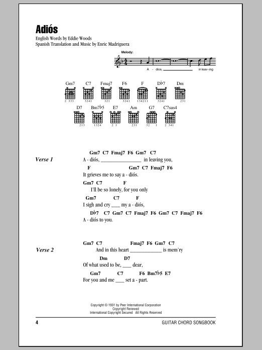 Enric Madriguera Adios sheet music notes and chords. Download Printable PDF.