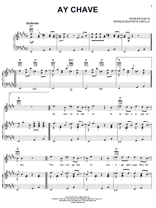 Enrique Bonfante Castilla Ay Chave sheet music notes and chords arranged for Piano, Vocal & Guitar Chords (Right-Hand Melody)