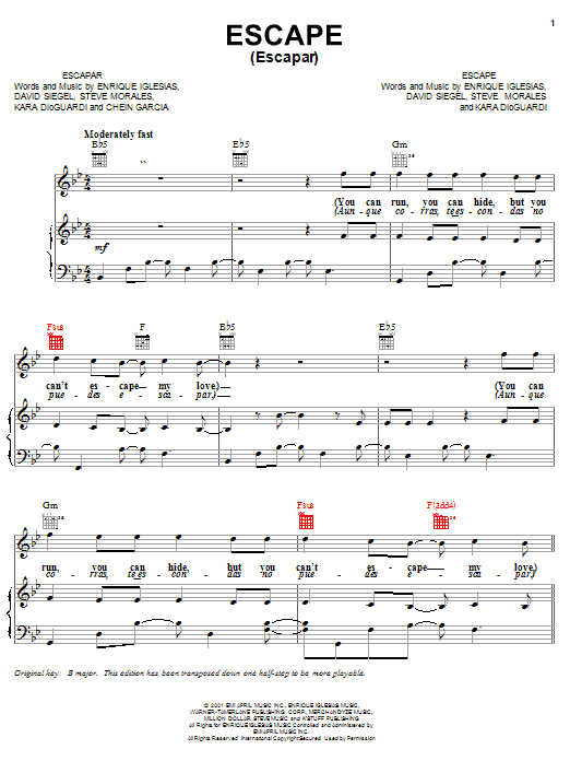 Learn to play Enrique Iglesias Escape (Escapar) sheet music for Piano, Vocal & Guitar Chords (Right-Hand Melody) in minutes. Price: 7.8900$ Enrique Iglesias Escape (Escapar) sheet music notes and chords arranged for Piano, Vocal & Guitar Chords (Right-Hand Melody)