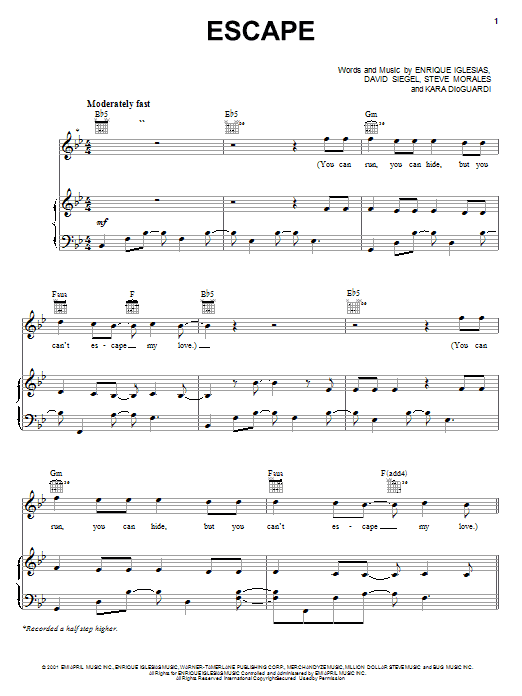Enrique Iglesias Escape sheet music notes and chords arranged for Piano, Vocal & Guitar Chords (Right-Hand Melody)