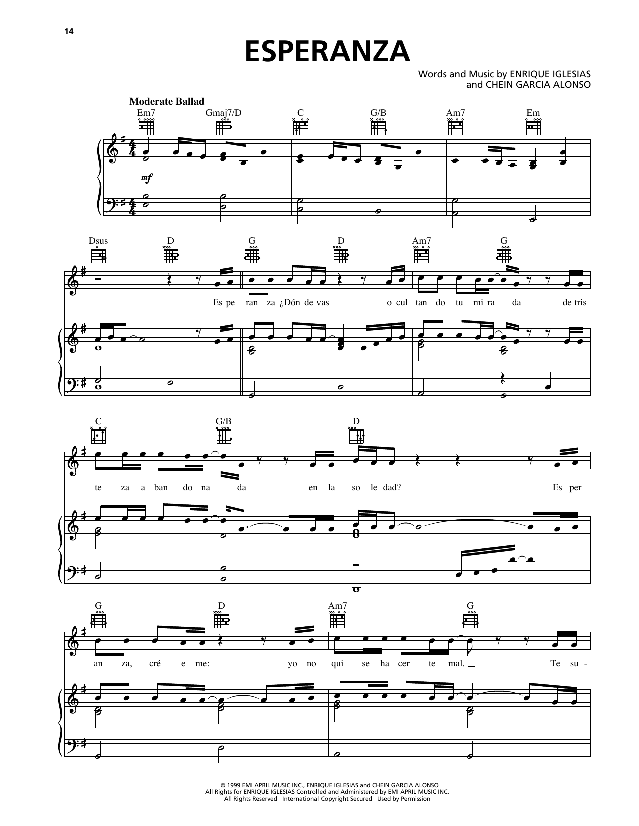 Learn to play Enrique Iglesias Esperanza sheet music for Piano, Vocal & Guitar Chords (Right-Hand Melody) in minutes. Price: 7.8900$ Enrique Iglesias Esperanza sheet music notes and chords arranged for Piano, Vocal & Guitar Chords (Right-Hand Melody)