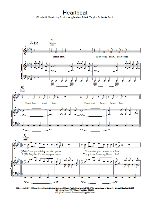 Learn to play Enrique Iglesias Heartbeat (feat. Nicole Scherzinger) sheet music for Piano, Vocal & Guitar Chords in minutes. Price: 7.8900$ Enrique Iglesias Heartbeat (feat. Nicole Scherzinger) sheet music notes and chords arranged for Piano, Vocal & Guitar Chords