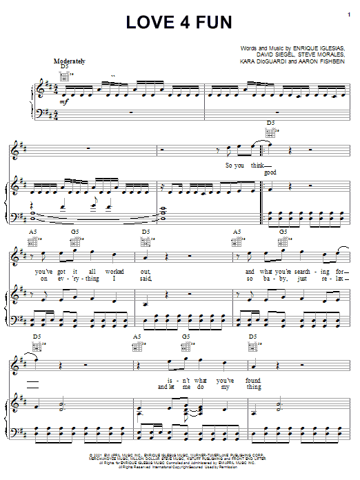 Learn to play Enrique Iglesias Love 4 Fun sheet music for Piano, Vocal & Guitar Chords (Right-Hand Melody) in minutes. Price: 7.8900$ Enrique Iglesias Love 4 Fun sheet music notes and chords arranged for Piano, Vocal & Guitar Chords (Right-Hand Melody)
