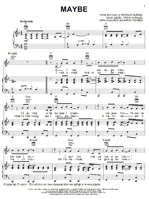 Learn to play Enrique Iglesias Maybe sheet music for Piano, Vocal & Guitar Chords (Right-Hand Melody) in minutes. Price: 7.8900$ Enrique Iglesias Maybe sheet music notes and chords arranged for Piano, Vocal & Guitar Chords (Right-Hand Melody)