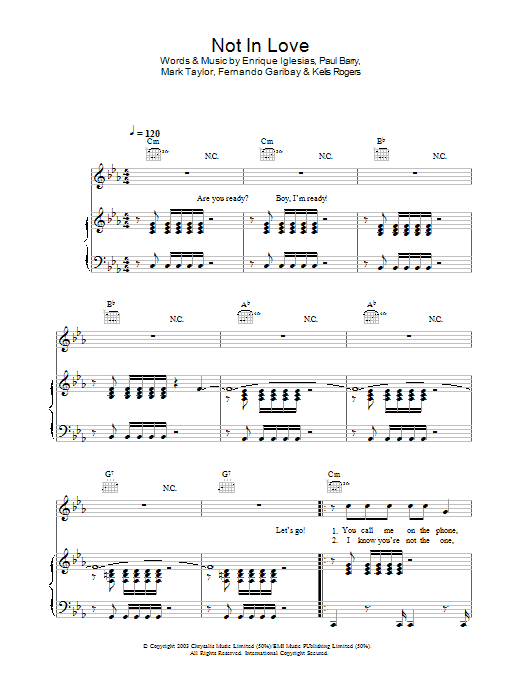 Learn to play Enrique Iglesias Not In Love sheet music for Piano, Vocal & Guitar Chords in minutes. Price: 7.8900$ Enrique Iglesias Not In Love sheet music notes and chords arranged for Piano, Vocal & Guitar Chords