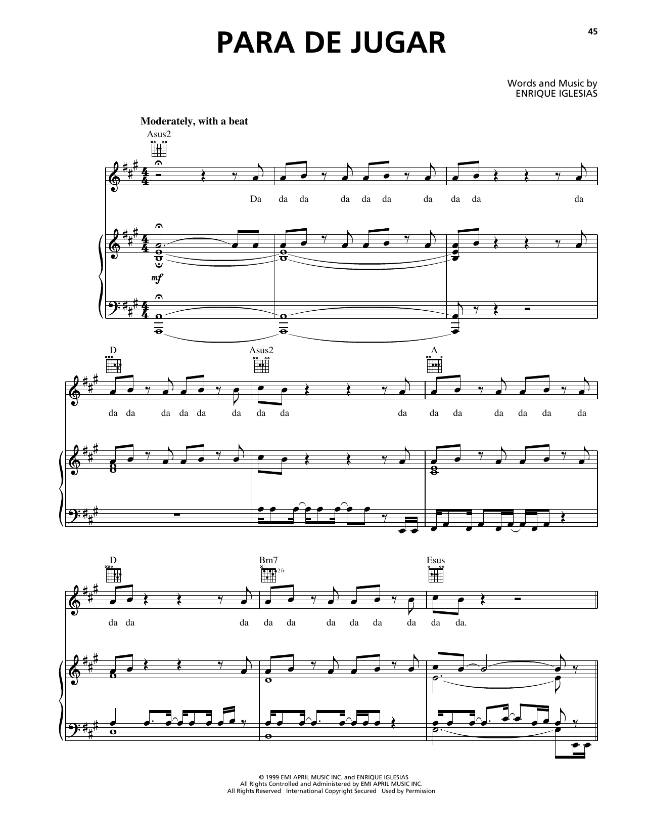 Learn to play Enrique Iglesias Para De Jugar sheet music for Piano, Vocal & Guitar Chords (Right-Hand Melody) in minutes. Price: 7.8900$ Enrique Iglesias Para De Jugar sheet music notes and chords arranged for Piano, Vocal & Guitar Chords (Right-Hand Melody)