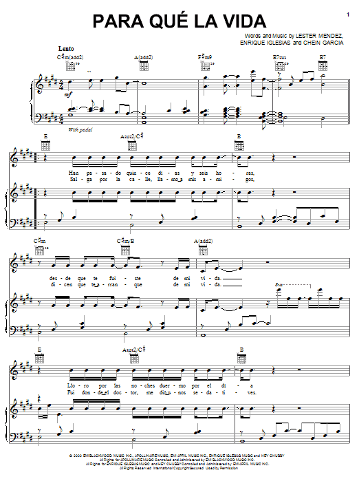 Enrique Iglesias Para Qué La Vida sheet music notes and chords arranged for Piano, Vocal & Guitar Chords (Right-Hand Melody)