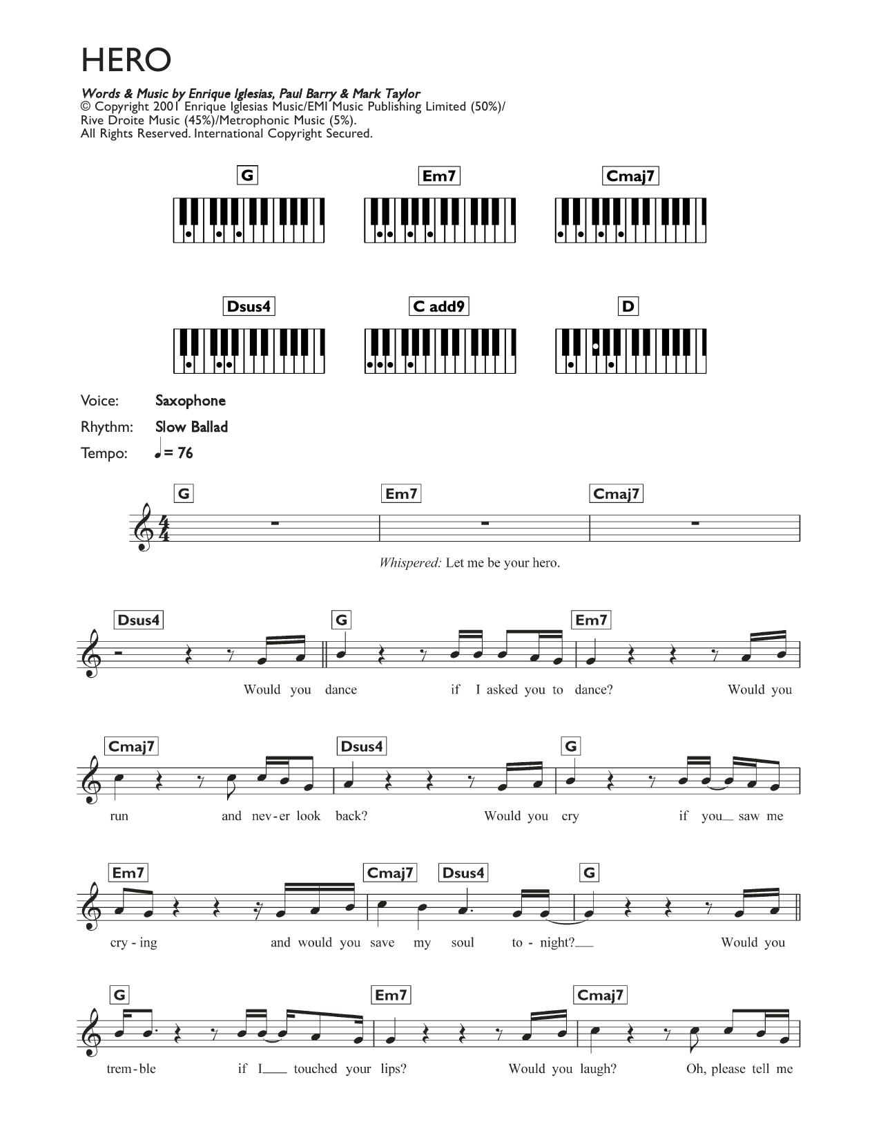 Enrique Inglesias Hero sheet music notes and chords. Download Printable PDF.