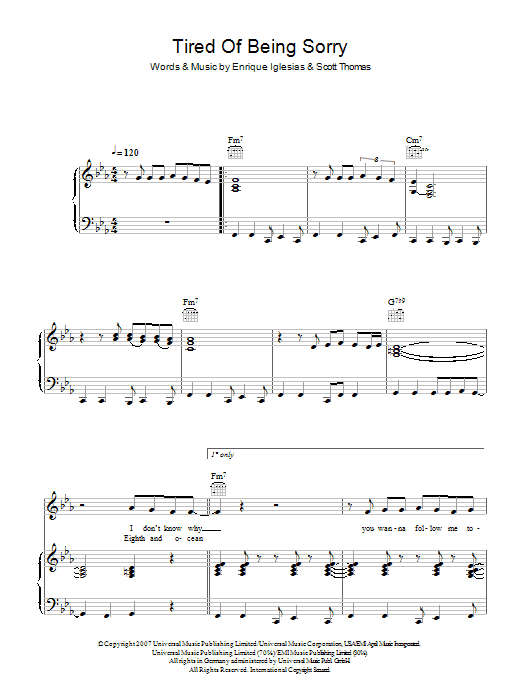 Enrique Inglesias Tired Of Being Sorry sheet music notes and chords arranged for Piano, Vocal & Guitar Chords