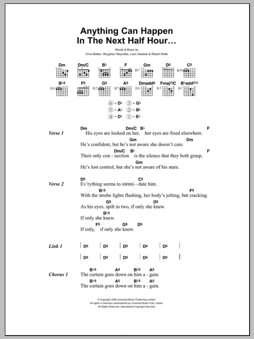 Learn to play Enter Shikari Anything Can Happen In The Next Half Hour sheet music for Guitar Chords/Lyrics in minutes. Price: 4.4900$ Enter Shikari Anything Can Happen In The Next Half Hour sheet music notes and chords arranged for Guitar Chords/Lyrics