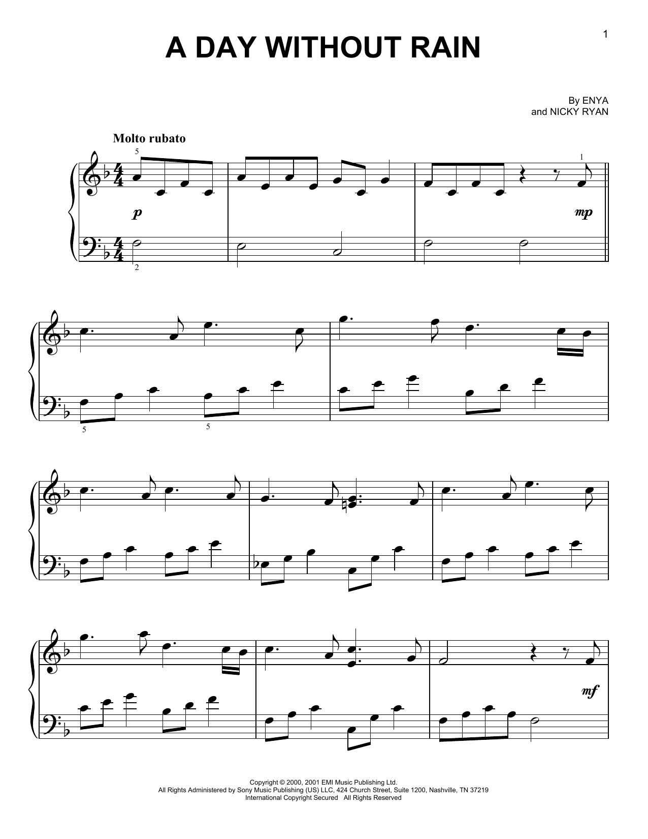 Enya A Day Without Rain sheet music notes and chords. Download Printable PDF.