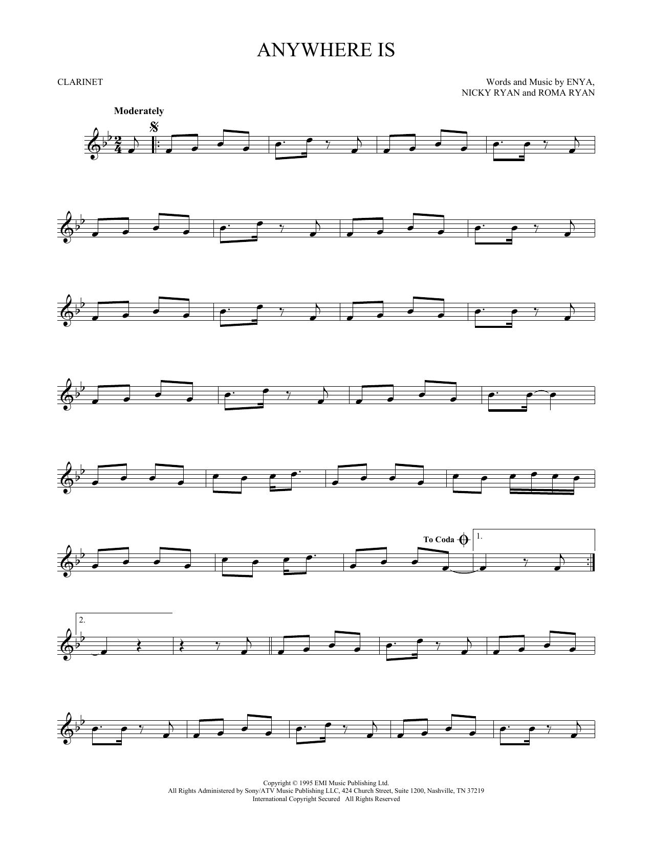 Enya Anywhere Is sheet music notes and chords. Download Printable PDF.