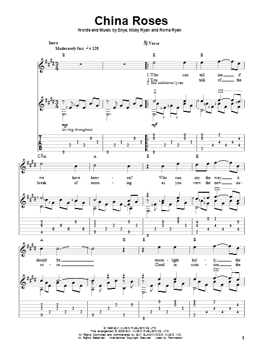 Enya China Roses sheet music notes and chords. Download Printable PDF.