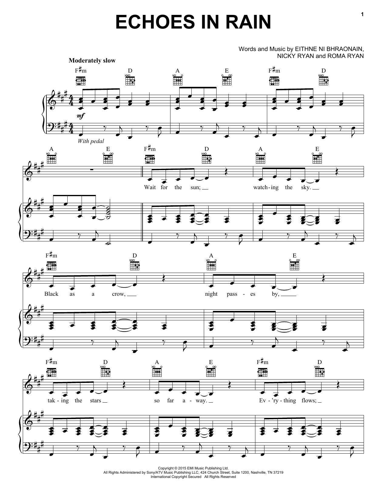 Enya Echoes In Rain sheet music notes and chords. Download Printable PDF.