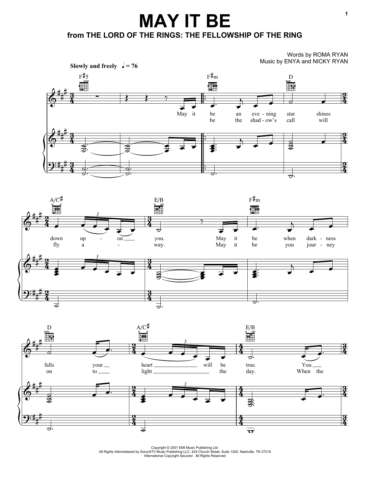 Enya May It Be sheet music notes and chords. Download Printable PDF.